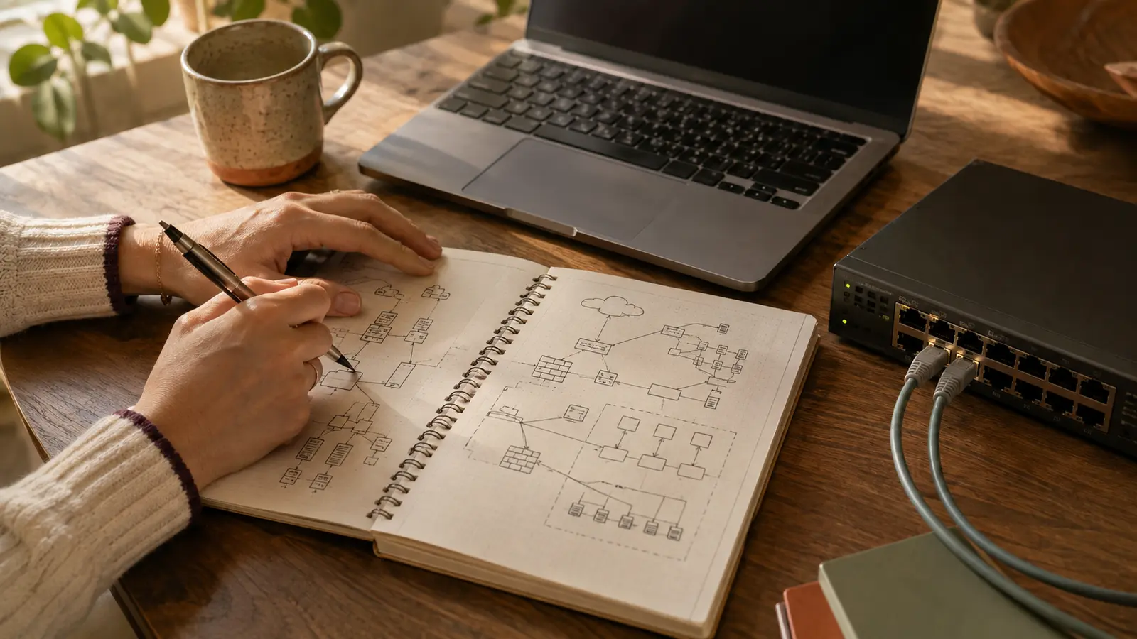 Carnet d’architecture réseau, ordinateur et équipement technique sur un bureau